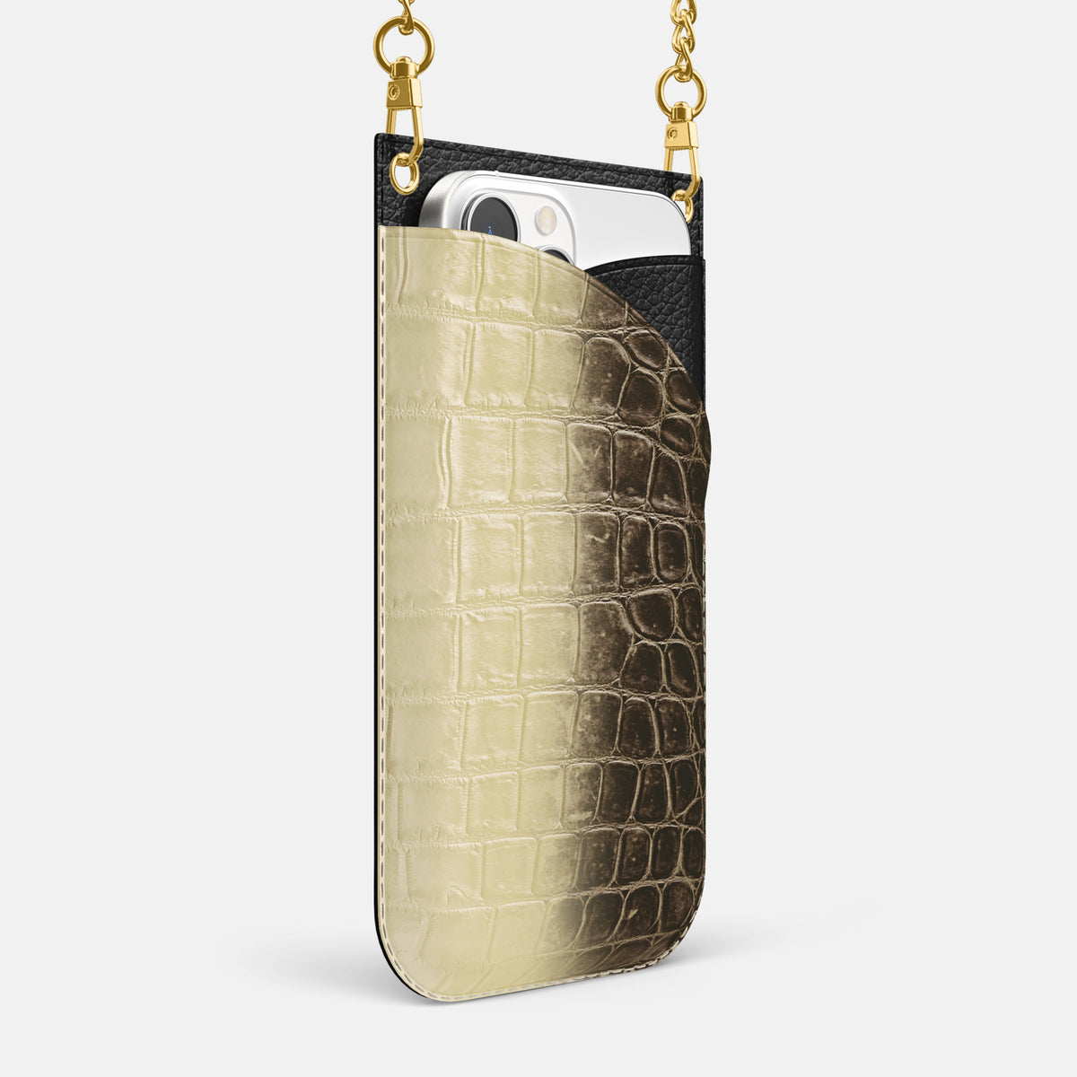 Natural iPhone 16 Pro Max Crossbody Bag Himalayan Crocodile with Gold Metal -2 | Natural-Gold