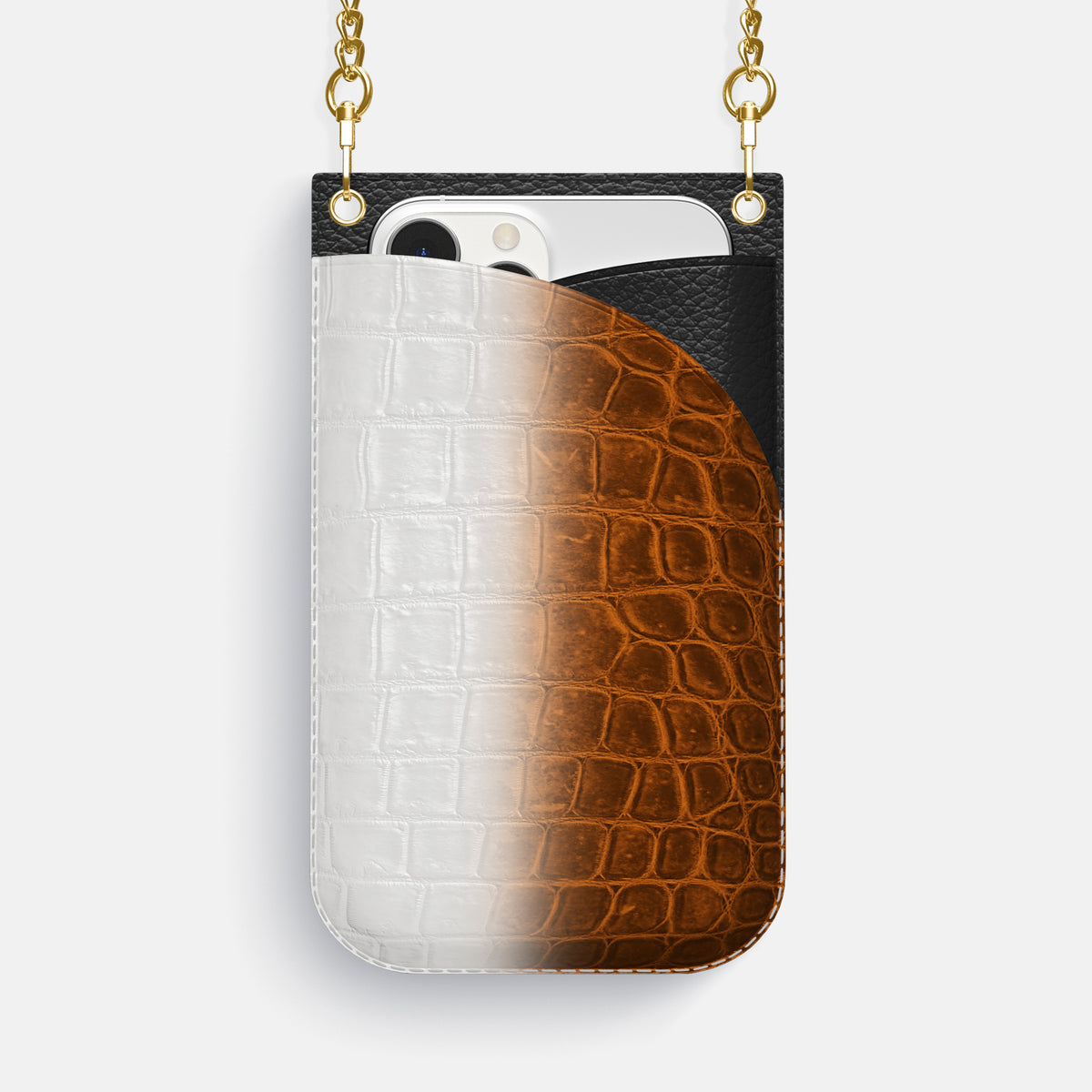Orange iPhone 16 Pro Max Crossbody Bag Himalayan Crocodile with Gold Metal -1 | Orange-Gold