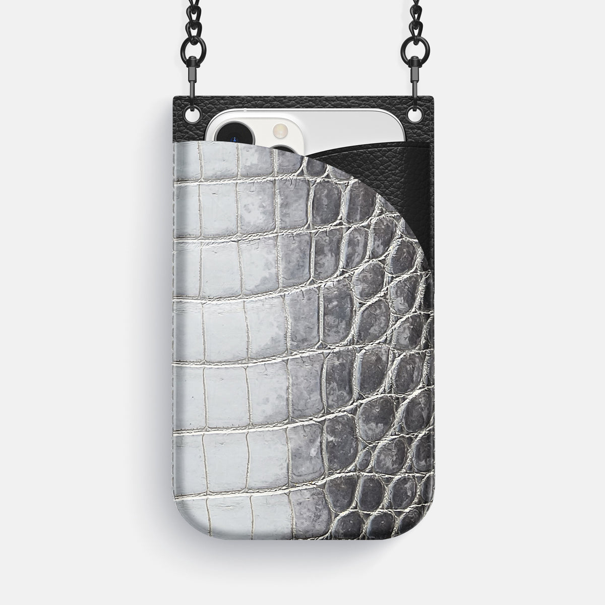 Silver iPhone 16 Pro Max Crossbody Bag Himalayan Crocodile with Black Metal -1 | Silver-Black
