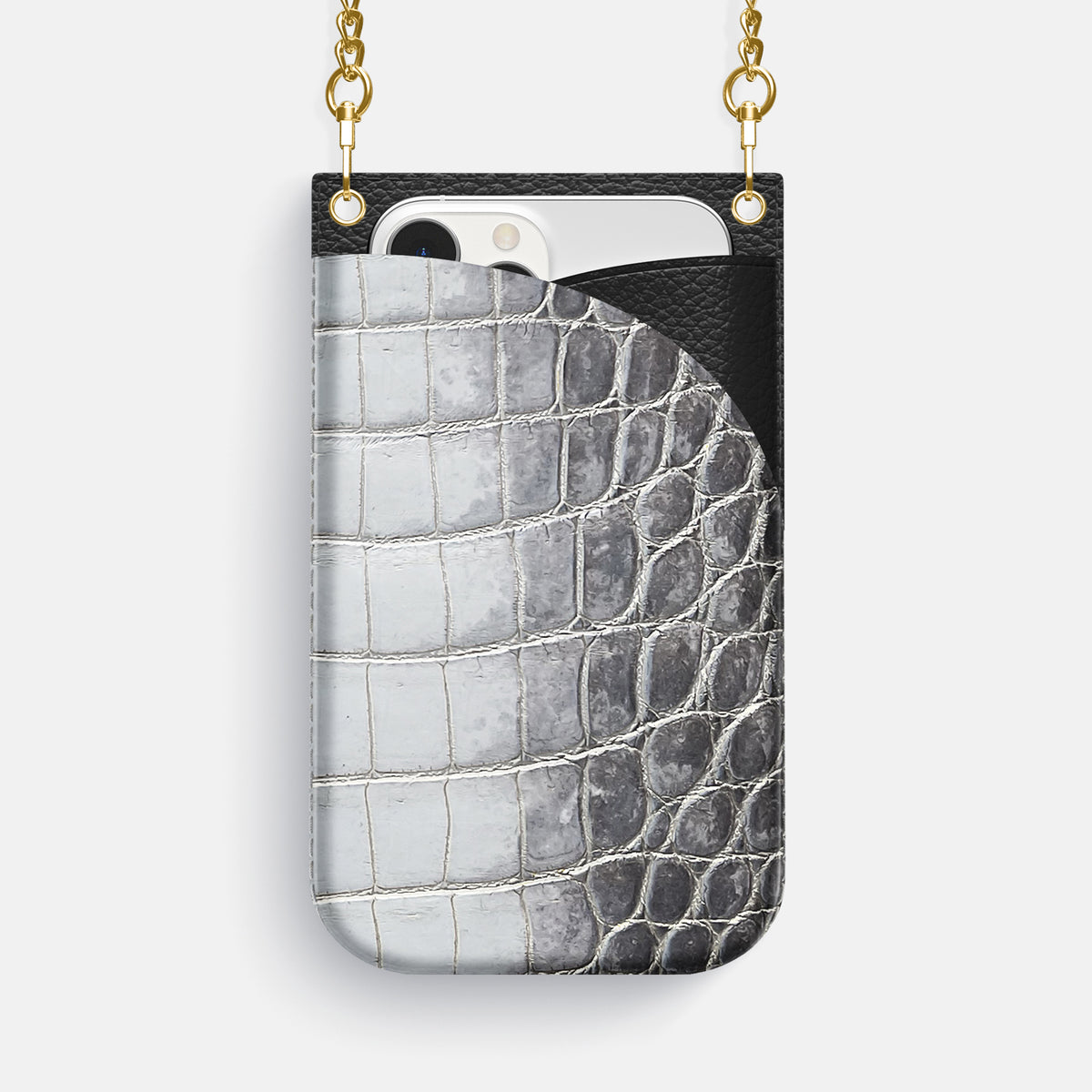 Silver iPhone 16 Pro Max Crossbody Bag Himalayan Crocodile with Gold Metal -1 | Silver-Gold