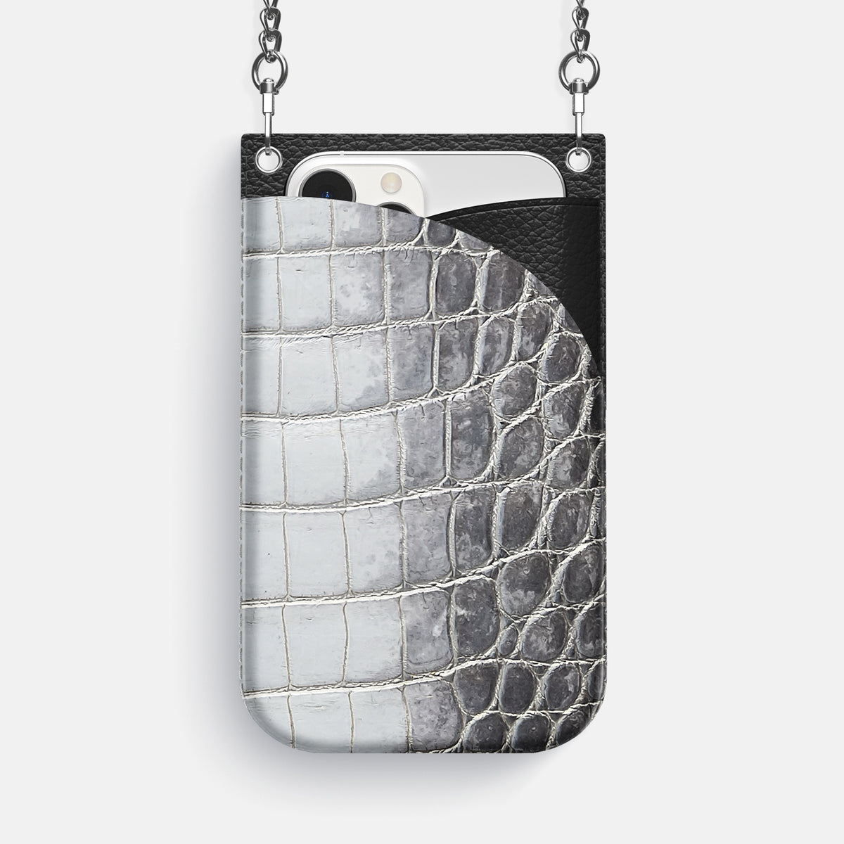 Silver iPhone 16 Pro Max Crossbody Bag Himalayan Crocodile with Steel Metal -1 | Silver-Steel