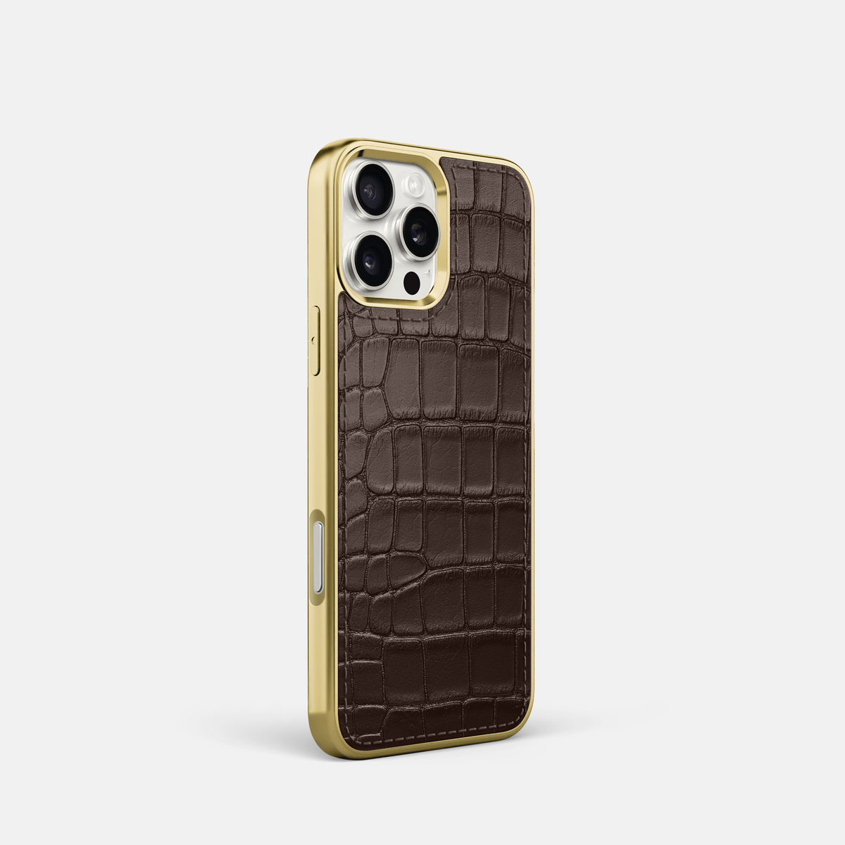 Dark-Brown iPhone 16 Pro Metallic Sport Case In Alligator with Gold -2 | Dark-Brown-Gold