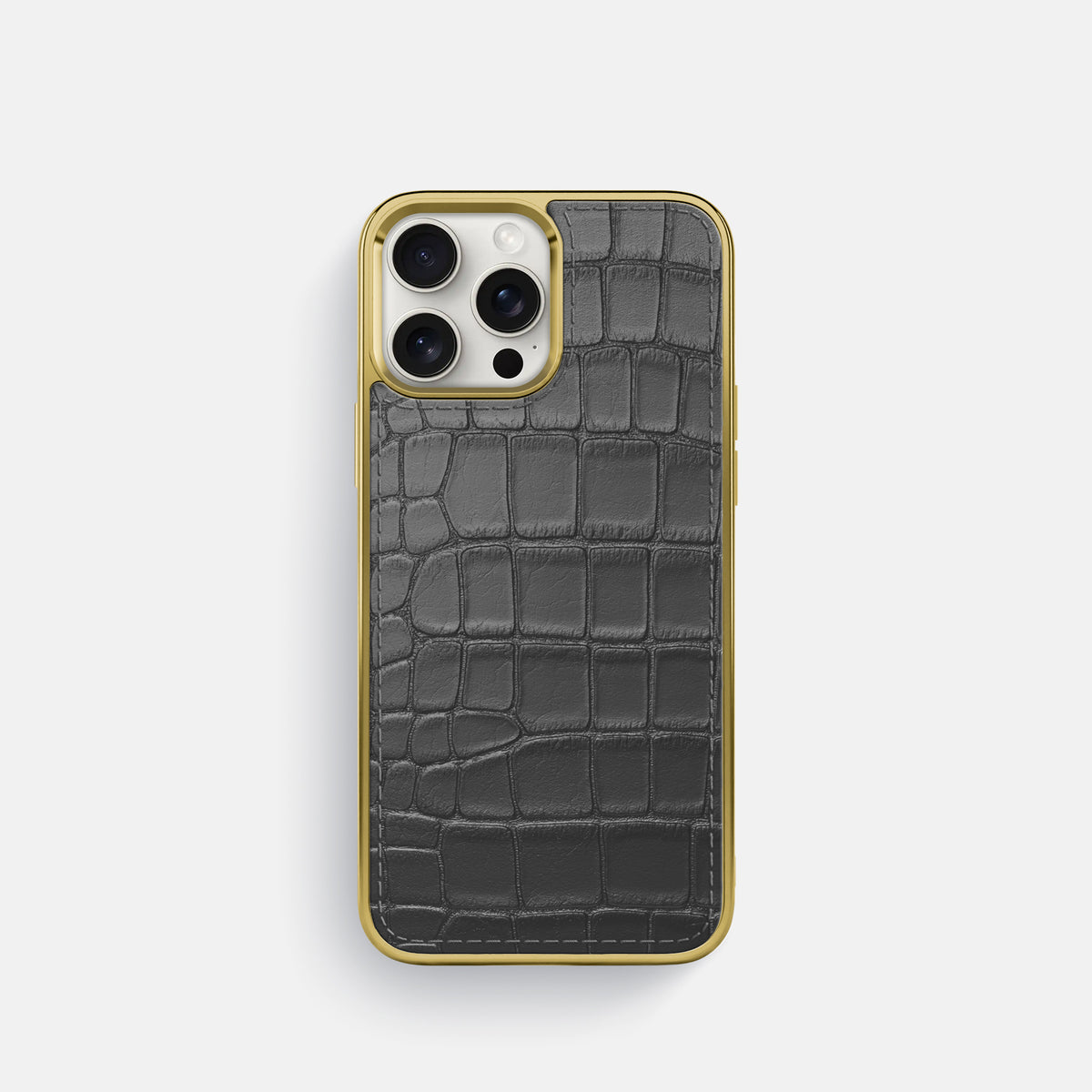 Grey iPhone 16 Pro Metallic Sport Case In Alligator with Gold -1 | Grey-Gold