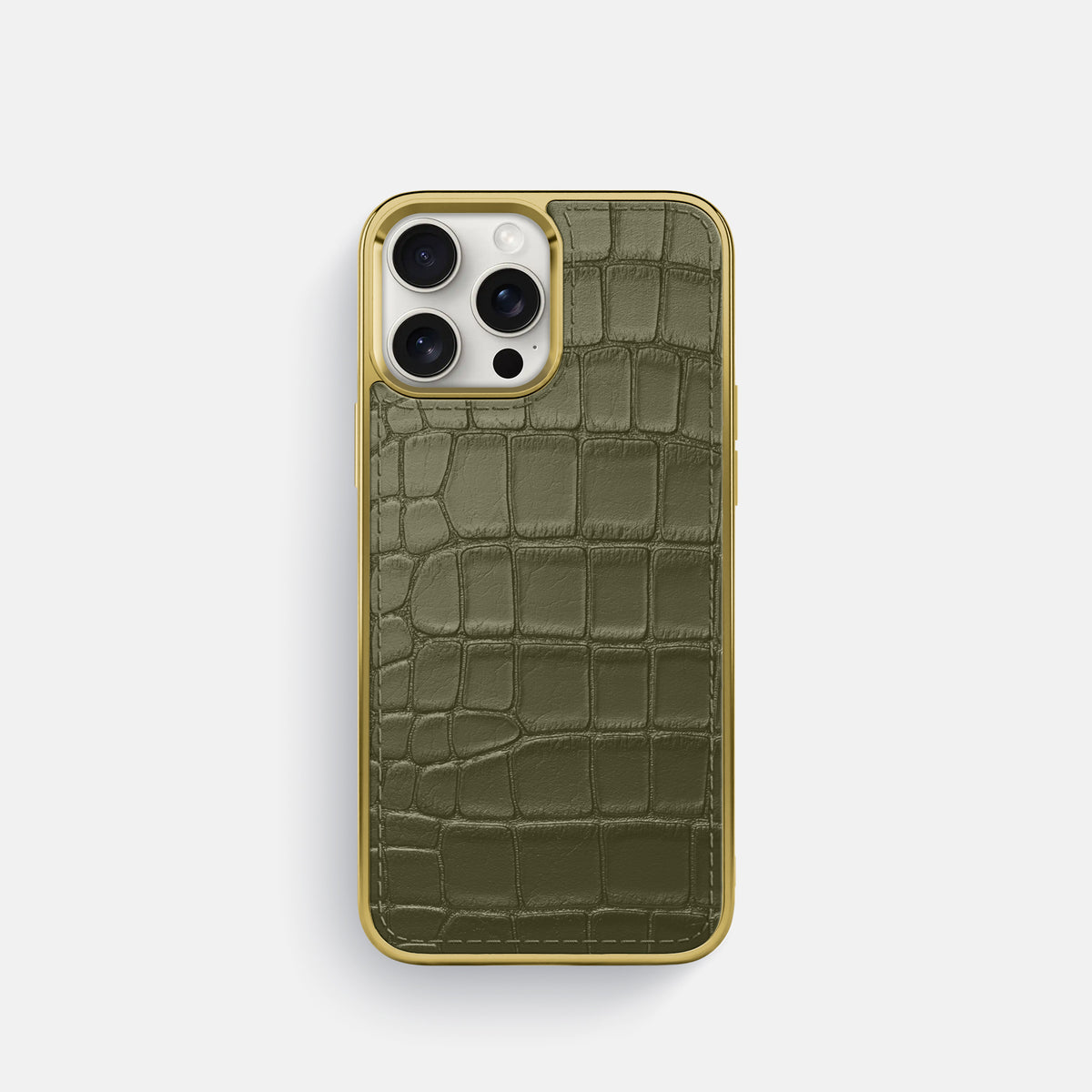Kaki-Green iPhone 16 Pro Metallic Sport Case In Alligator with Gold -1 | Kaki-Green-Gold