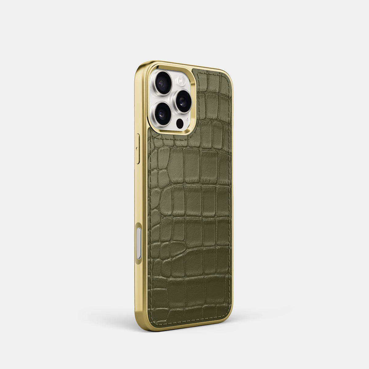 Kaki-Green iPhone 16 Pro Metallic Sport Case In Alligator with Gold -2 | Kaki-Green-Gold