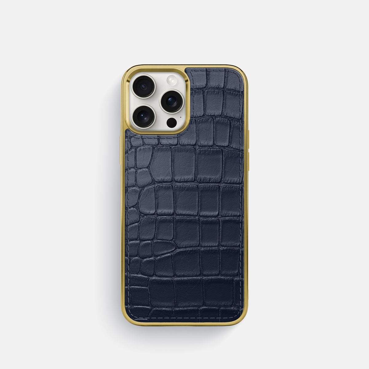 Navy Blue iPhone 16 Pro Metallic Sport Case In Alligator with Gold -1 | Navy-Blue-Gold