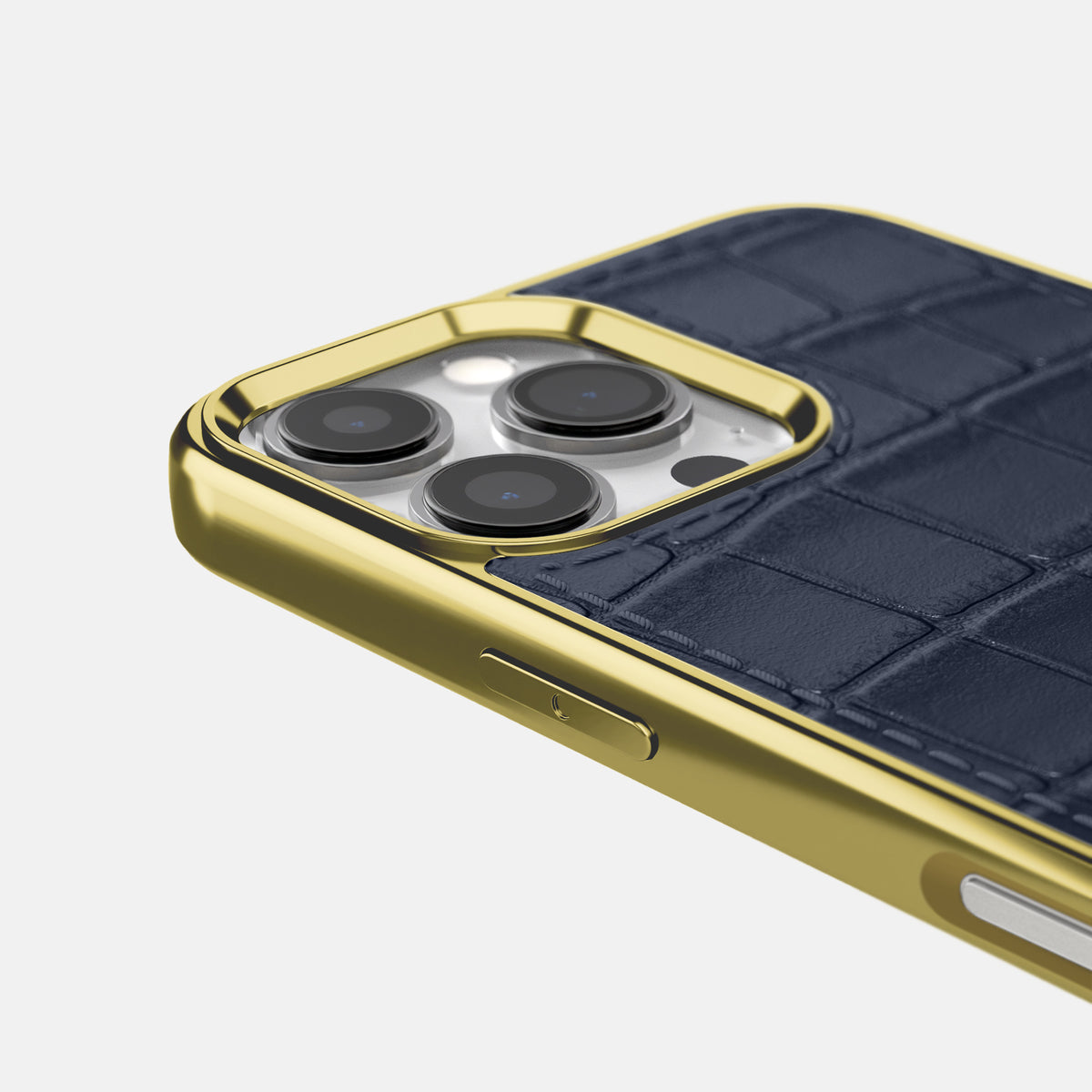 Navy Blue iPhone 16 Pro Metallic Sport Case In Alligator with Gold -5 | Navy-Blue-Gold