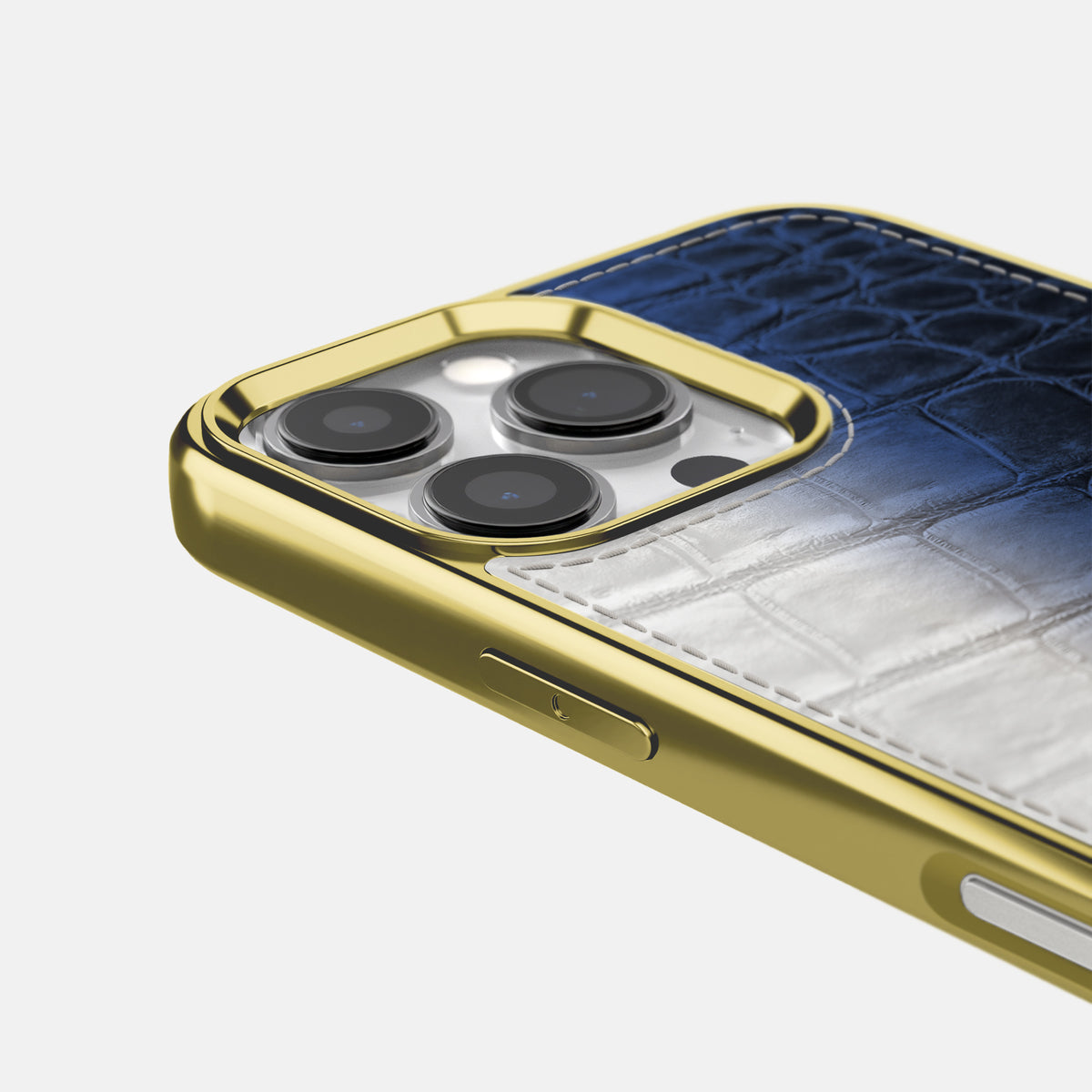 Navy Blue iPhone 16 Pro Metallic Sport Case Himalayan Crocodile with Gold -5 | Navy-Blue-Gold