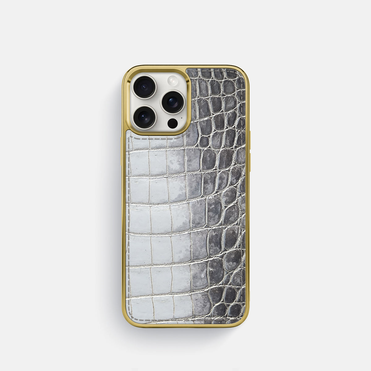 Silver iPhone 16 Pro Metallic Sport Case Himalayan Crocodile with Gold -1 | Silver-Gold