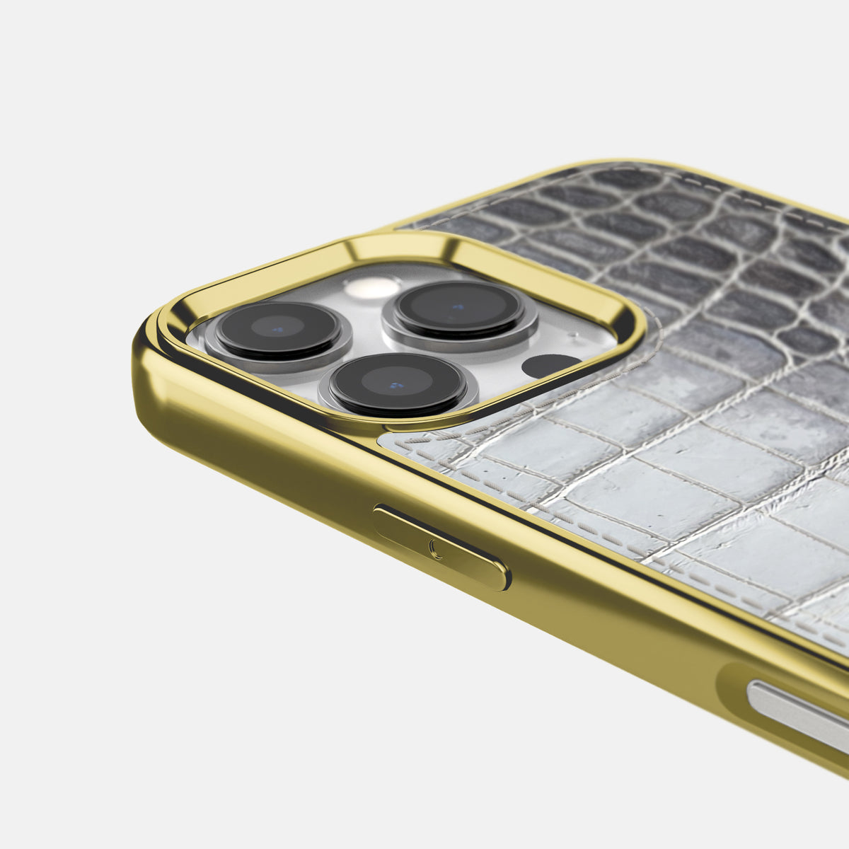 Silver iPhone 16 Pro Metallic Sport Case Himalayan Crocodile with Gold -5 | Silver-Gold