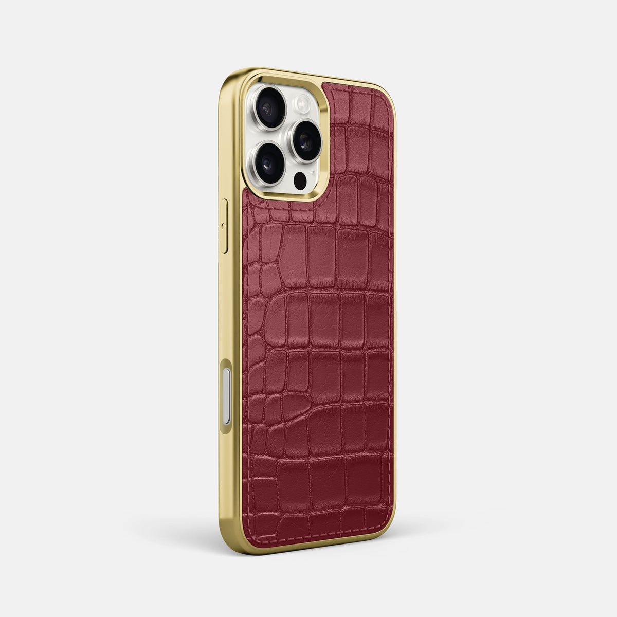 Burgundy iPhone 16 Pro Max Metallic Sport Case In Alligator with Gold -2 | Burgundy-Gold