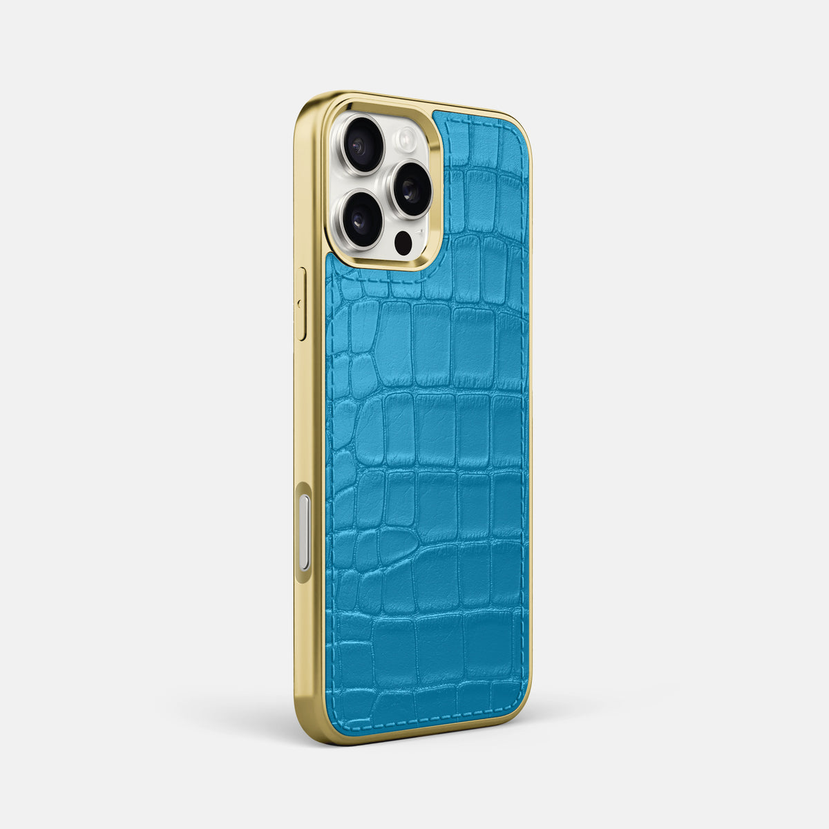 Curaçao-Blue iPhone 16 Pro Max Metallic Sport Case In Alligator with Gold -2 | Curaçao-Blue-Gold