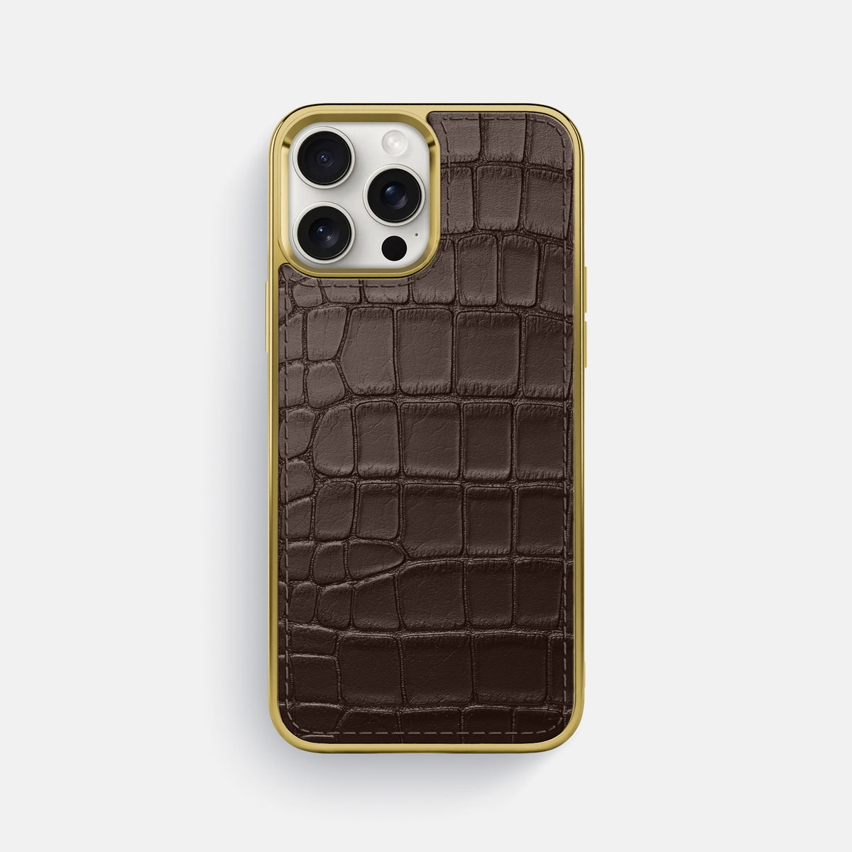Dark-Brown iPhone 16 Pro Max Metallic Sport Case In Alligator with Gold -1 | Dark-Brown-Gold