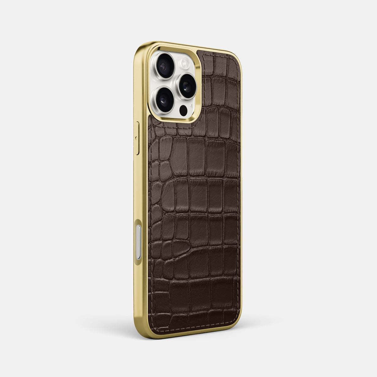 Dark-Brown iPhone 16 Pro Max Metallic Sport Case In Alligator with Gold -2 | Dark-Brown-Gold