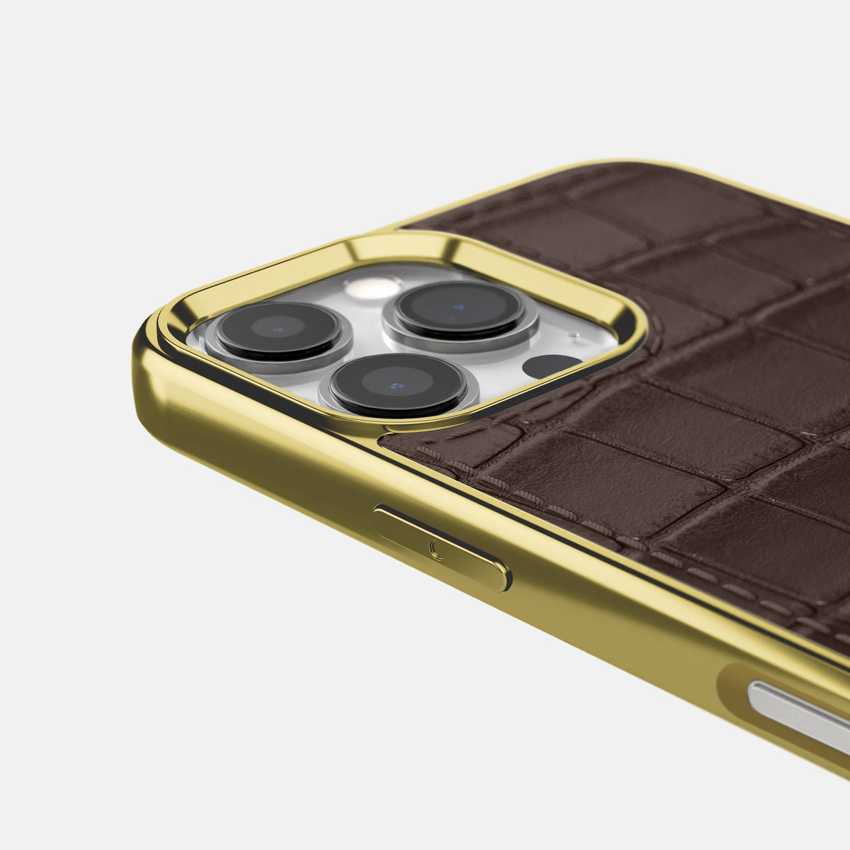 Dark-Brown iPhone 16 Pro Max Metallic Sport Case In Alligator with Gold -5 | Dark-Brown-Gold