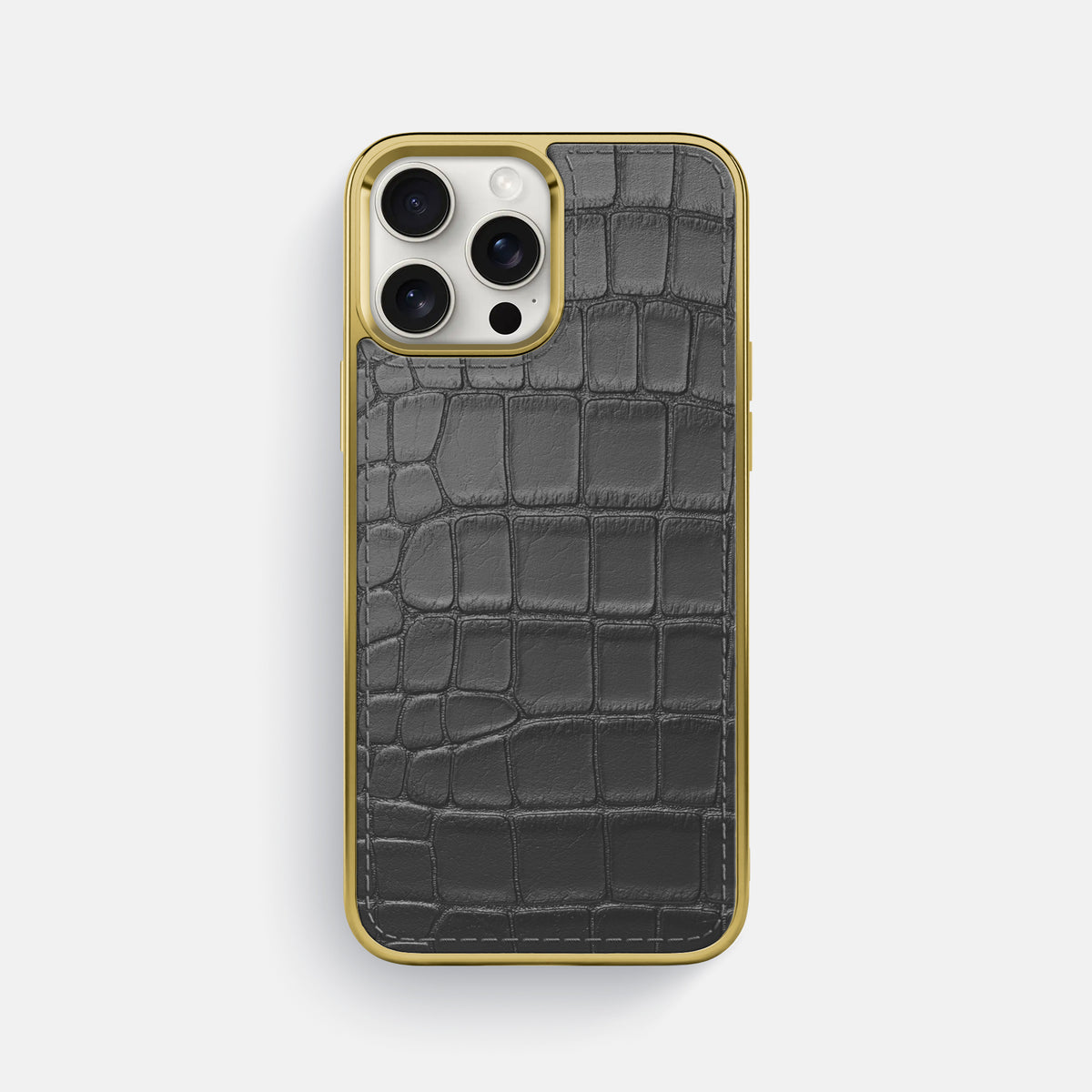 Grey iPhone 16 Pro Max Metallic Sport Case In Alligator with Gold -1 | Grey-Gold