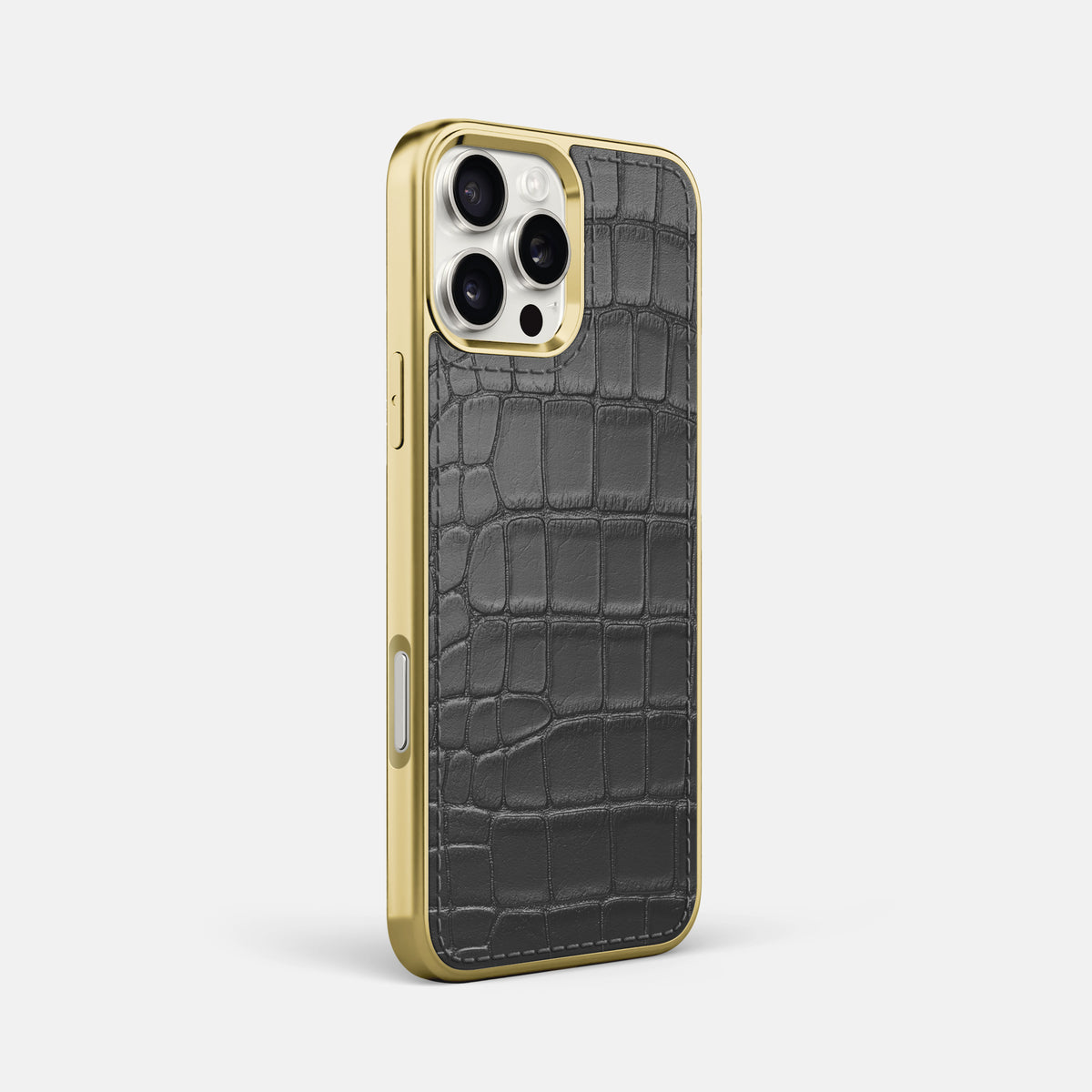 Grey iPhone 16 Pro Max Metallic Sport Case In Alligator with Gold -2 | Grey-Gold