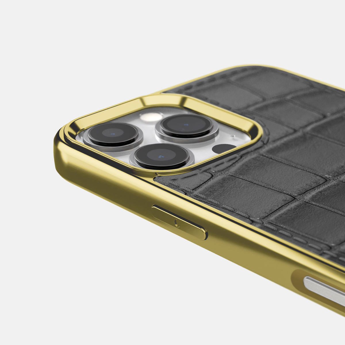 Grey iPhone 16 Pro Max Metallic Sport Case In Alligator with Gold -5 | Grey-Gold