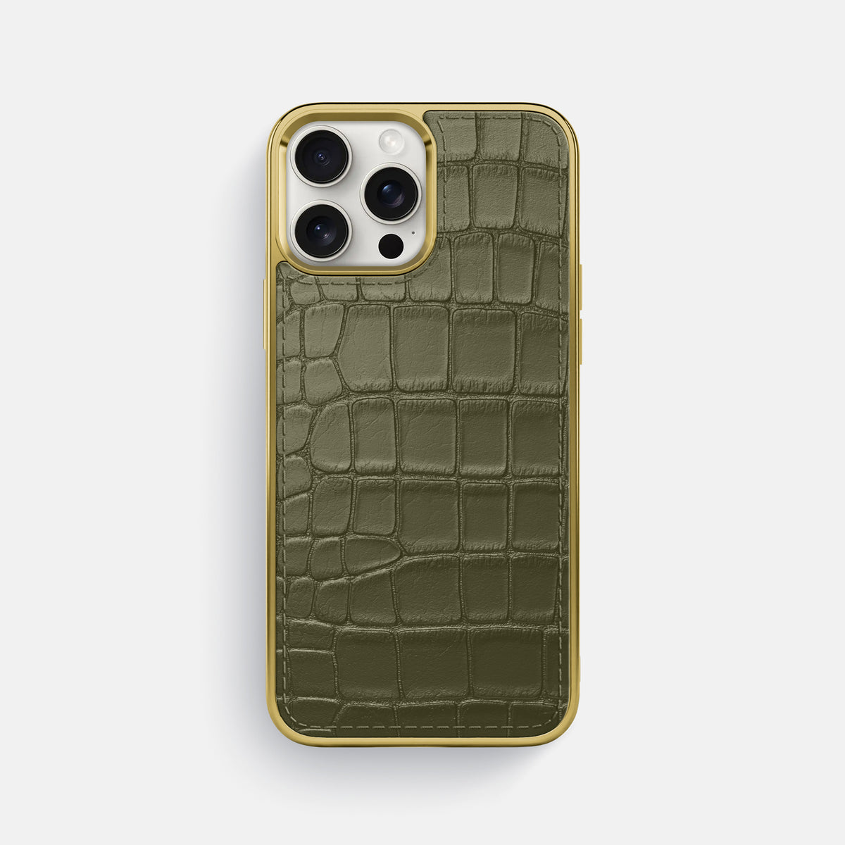 Kaki-Green iPhone 16 Pro Max Metallic Sport Case In Alligator with Gold -1 | Kaki-Green-Gold