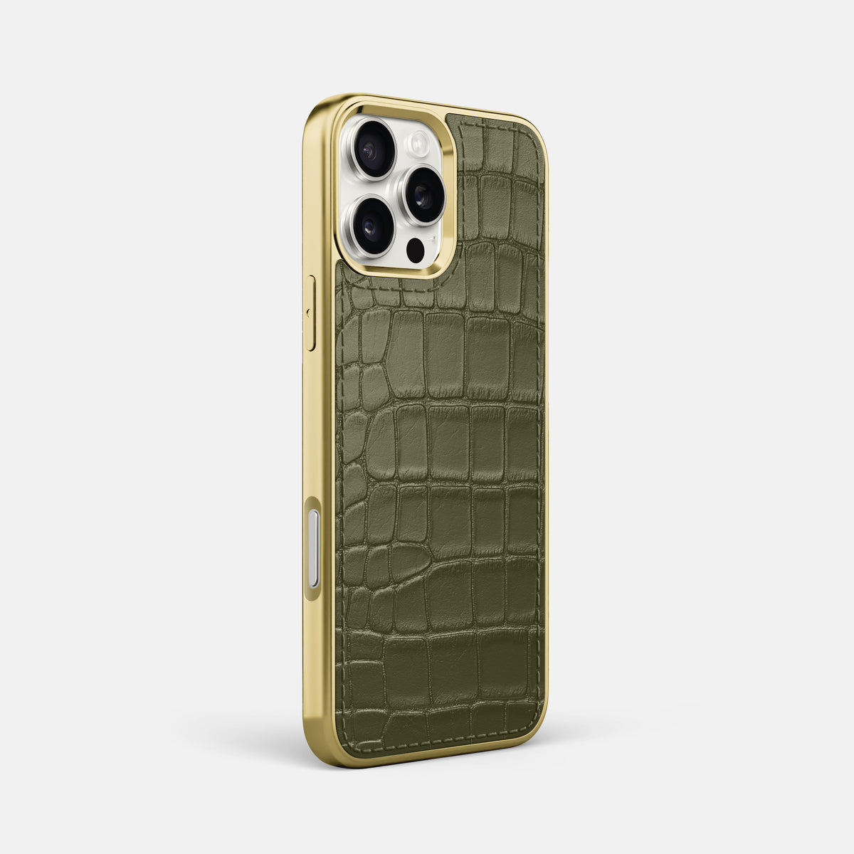 Kaki-Green iPhone 16 Pro Max Metallic Sport Case In Alligator with Gold -2 | Kaki-Green-Gold