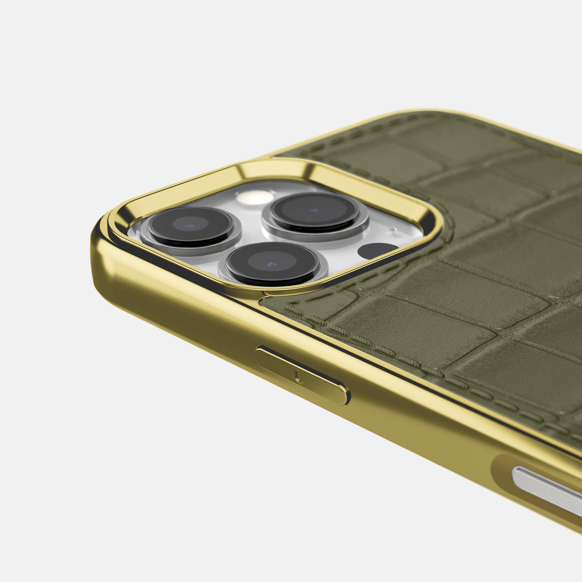 Kaki-Green iPhone 16 Pro Max Metallic Sport Case In Alligator with Gold -5 | Kaki-Green-Gold