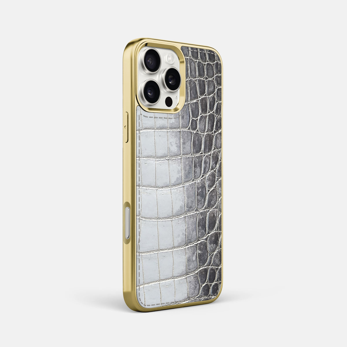 Silver iPhone 16 Pro Max Metallic Sport Case Himalayan Crocodile with Gold -2 | Silver-Gold