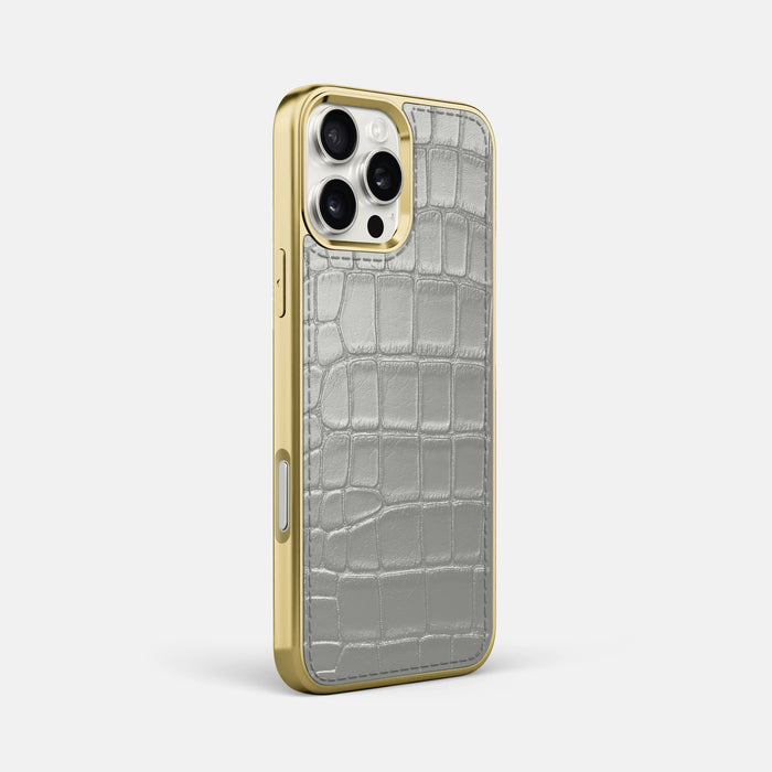 Pearlized-White iPhone 16 Pro Max Metallic Sport Case Alligator with Gold -2 | Pearlized-White-Gold