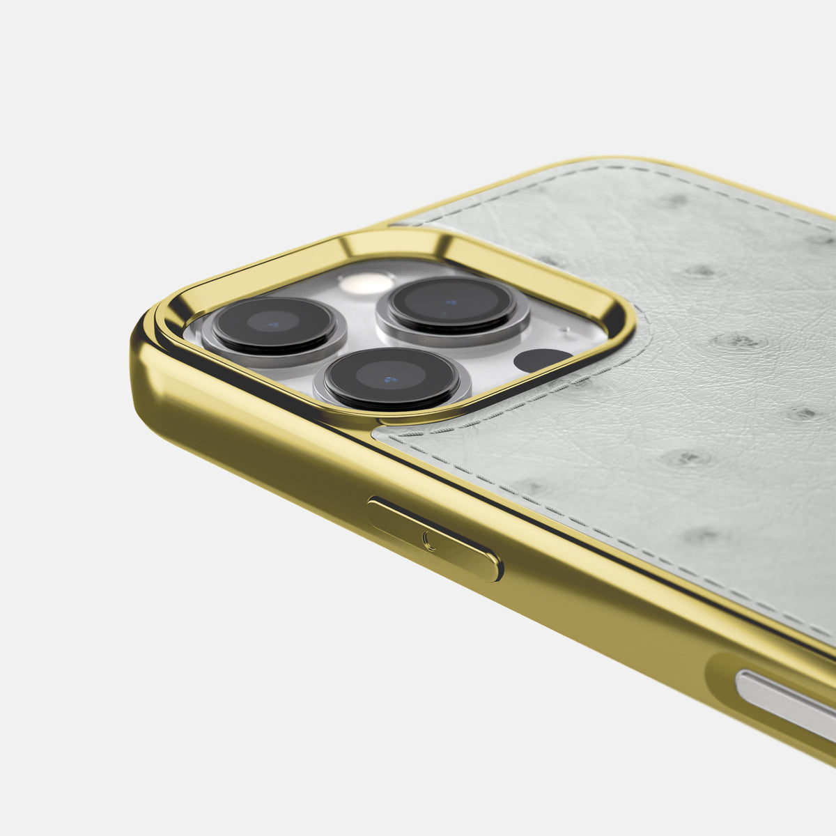 White iPhone 16 Pro Max Metallic Sport Case Ostrich with Gold -5 | White-Gold