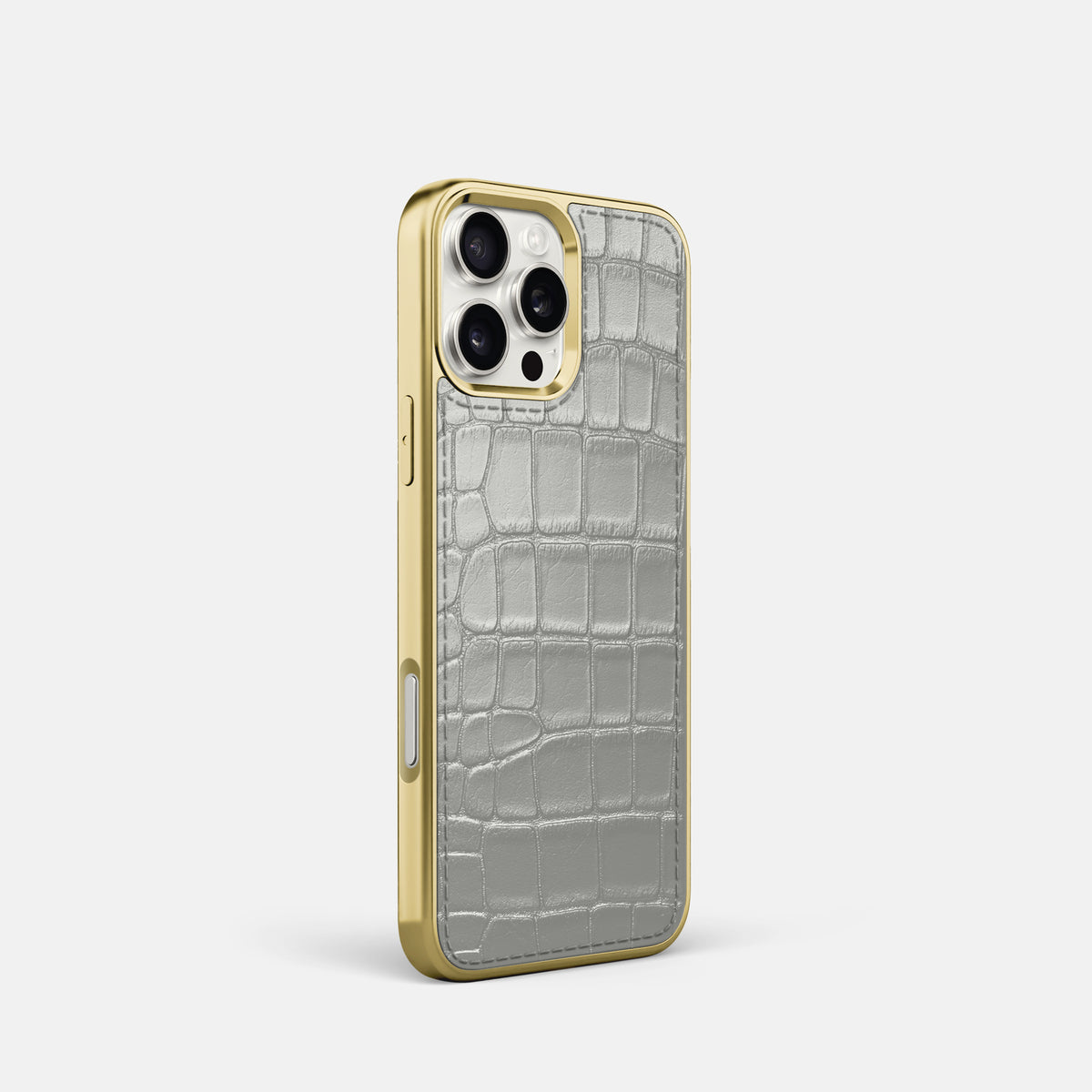 Pearlized-White iPhone 16 Pro Metallic Sport Case Alligator with Gold -2 | Pearlized-White-Gold