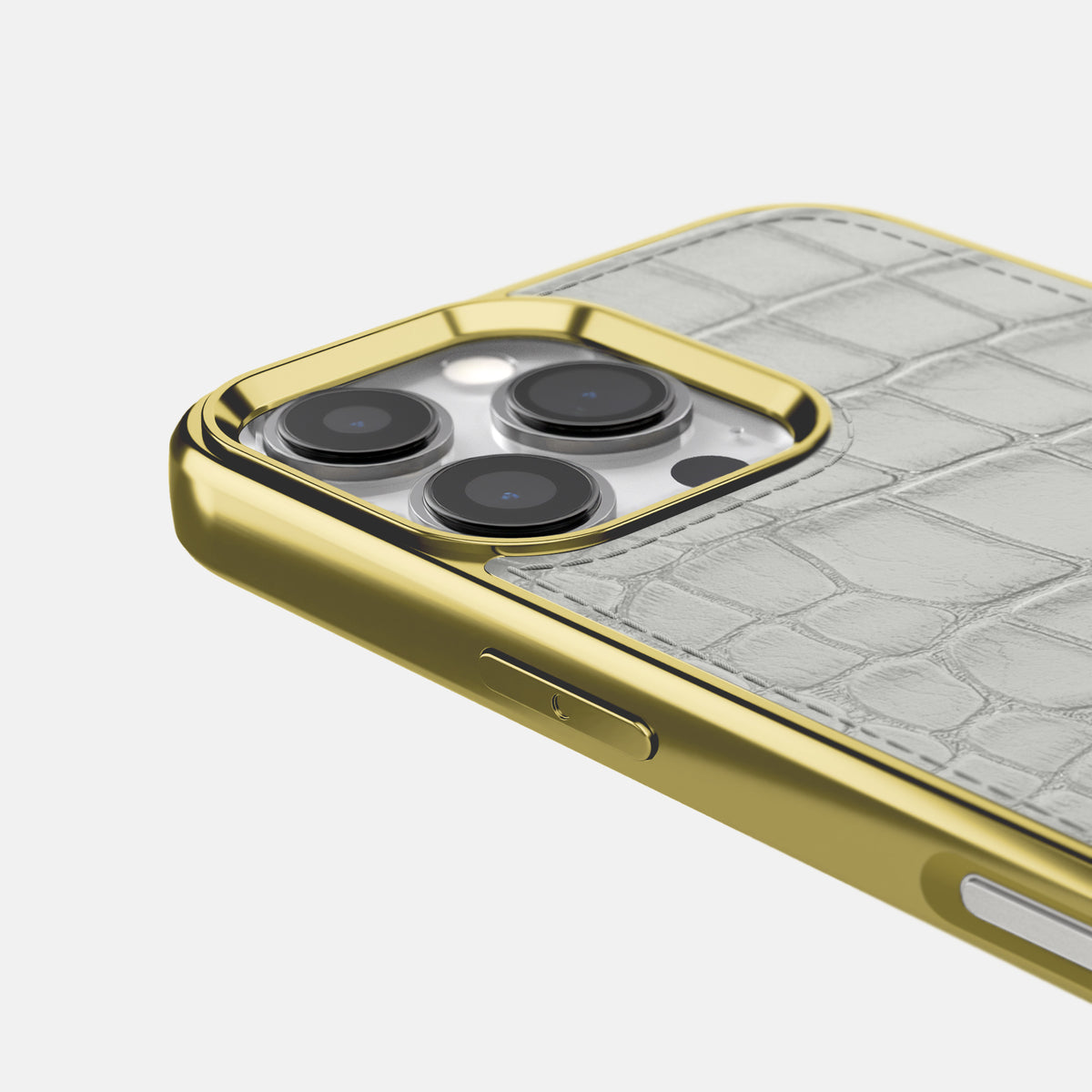 Pearlized-White iPhone 16 Pro Metallic Sport Case Alligator with Gold -5 | Pearlized-White-Gold