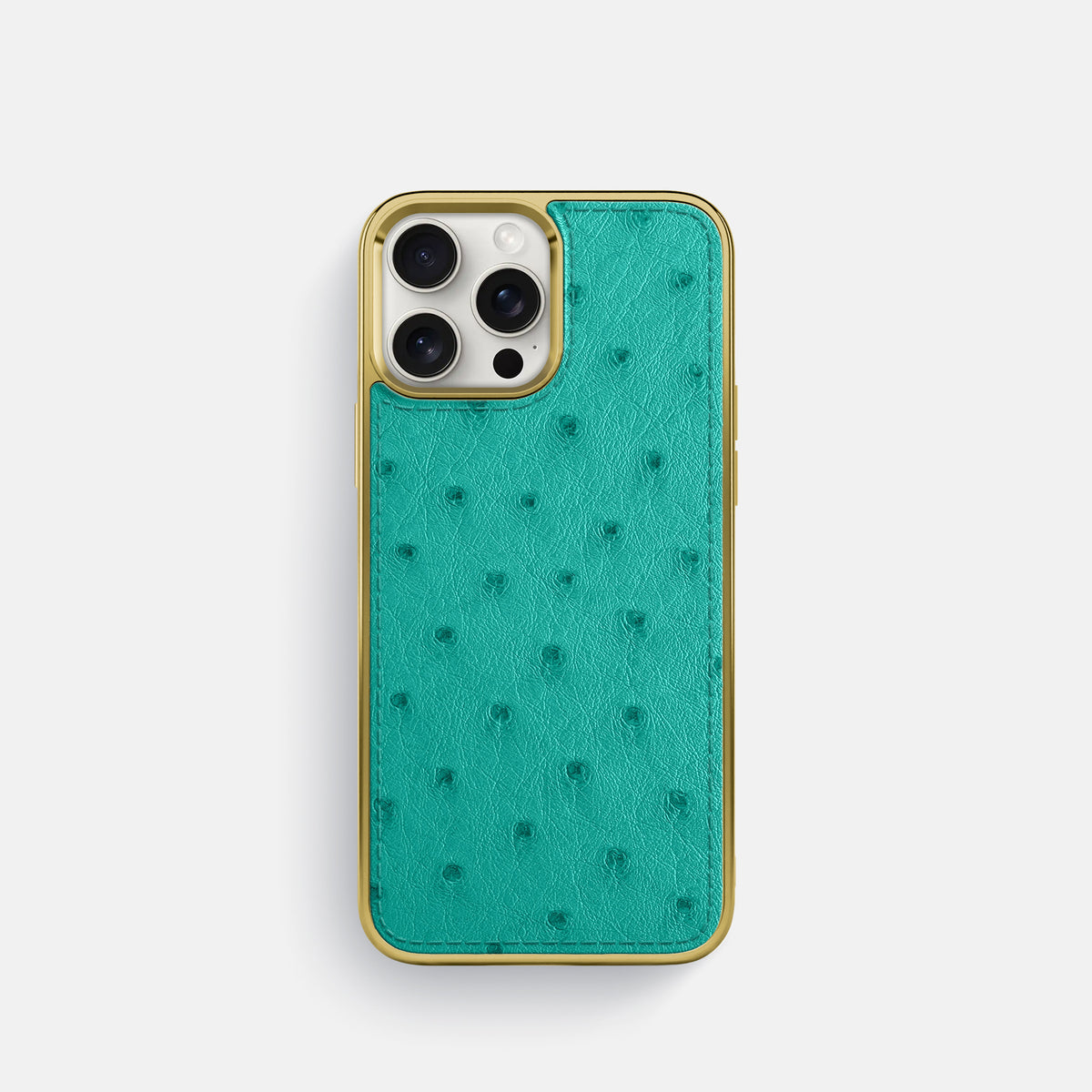 Turquoise iPhone 16 Pro Metallic Sport Case Ostrich with Gold -1 | Turquoise-Gold