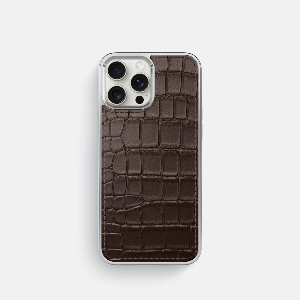Dark-Brown iPhone 16 Pro Metallic Sport Case In Alligator with Steel -1 | Dark-Brown-Steel
