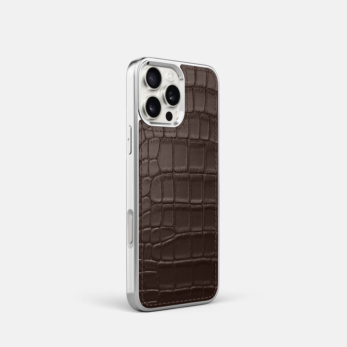 Dark-Brown iPhone 16 Pro Metallic Sport Case In Alligator with Steel -2 | Dark-Brown-Steel