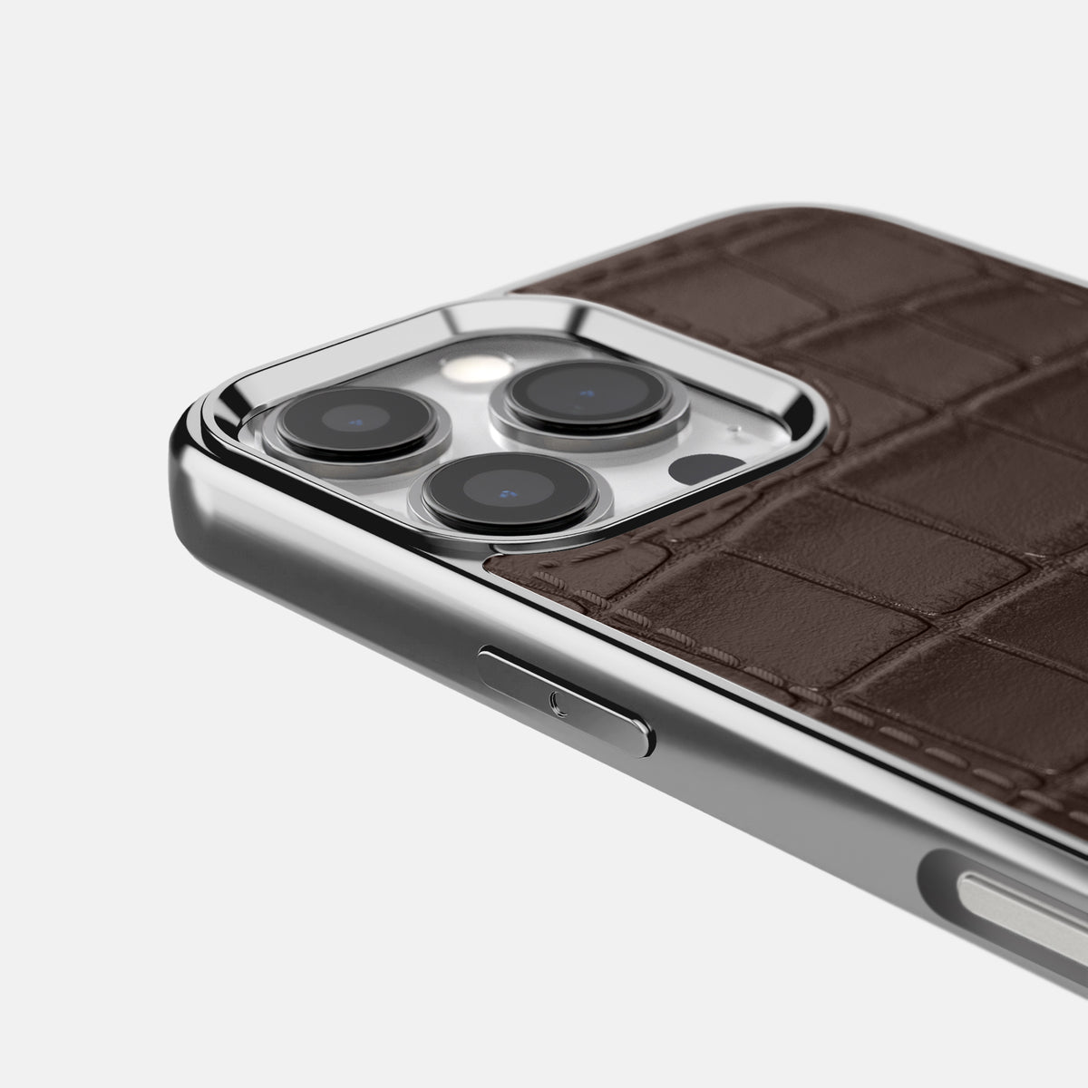 Dark-Brown iPhone 16 Pro Metallic Sport Case In Alligator with Steel -5 | Dark-Brown-Steel