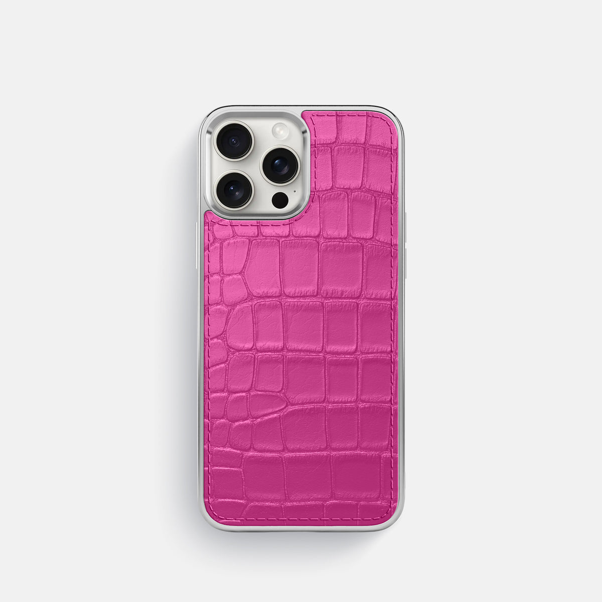 Fuchsia iPhone 16 Pro Metallic Sport Case In Alligator with Steel -1 | Fuchsia-Steel
