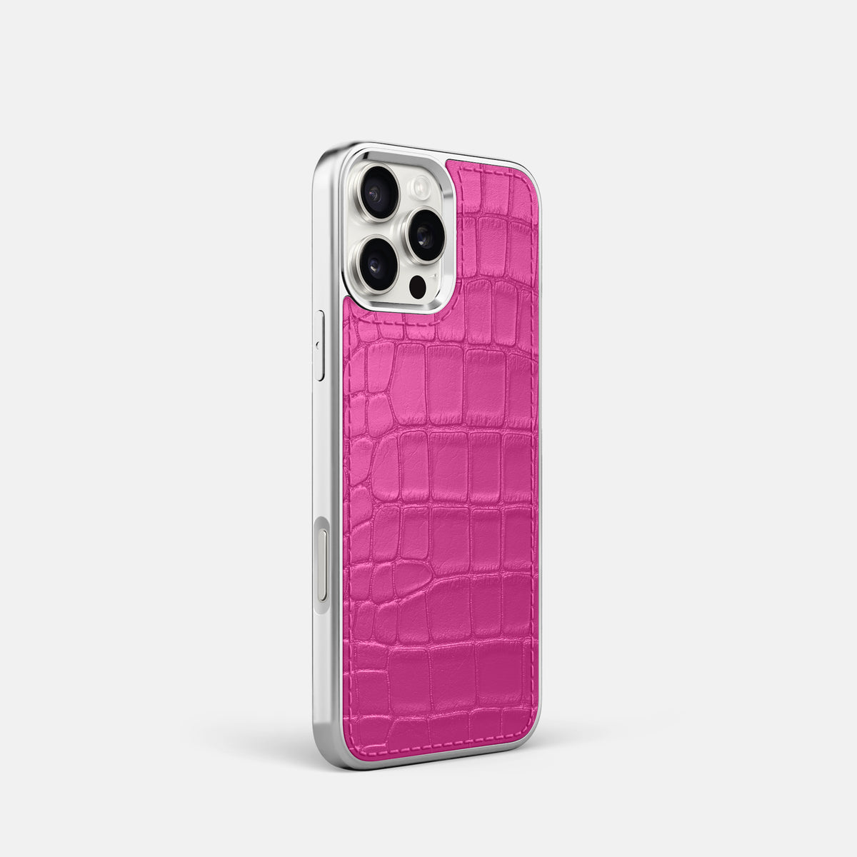 Fuchsia iPhone 16 Pro Metallic Sport Case In Alligator with Steel -2 | Fuchsia-Steel