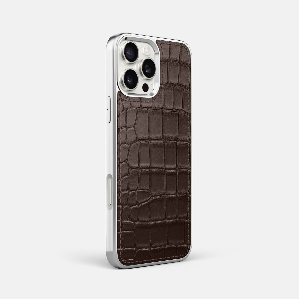 Dark-Brown iPhone 16 Pro Max Metallic Sport Case In Alligator with Steel -2 | Dark-Brown-Steel