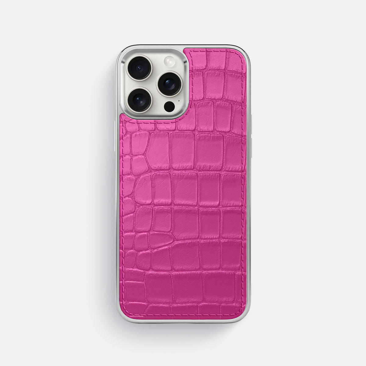 Fuchsia iPhone 16 Pro Max Metallic Sport Case In Alligator with Steel -1 | Fuchsia-Steel