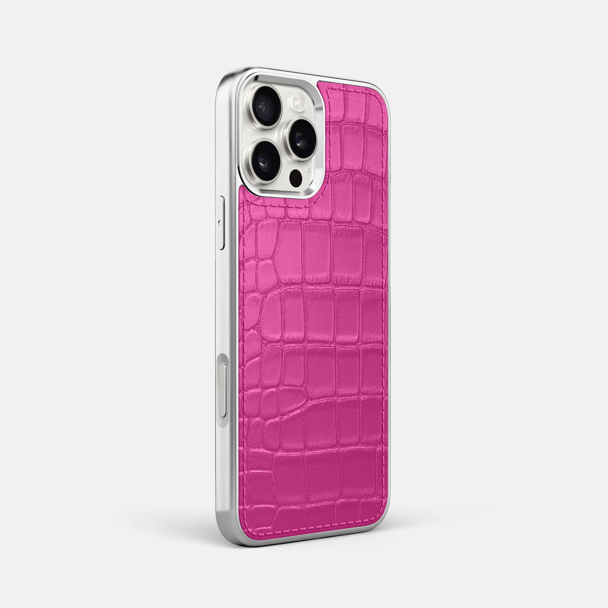 Fuchsia iPhone 16 Pro Max Metallic Sport Case In Alligator with Steel -2 | Fuchsia-Steel