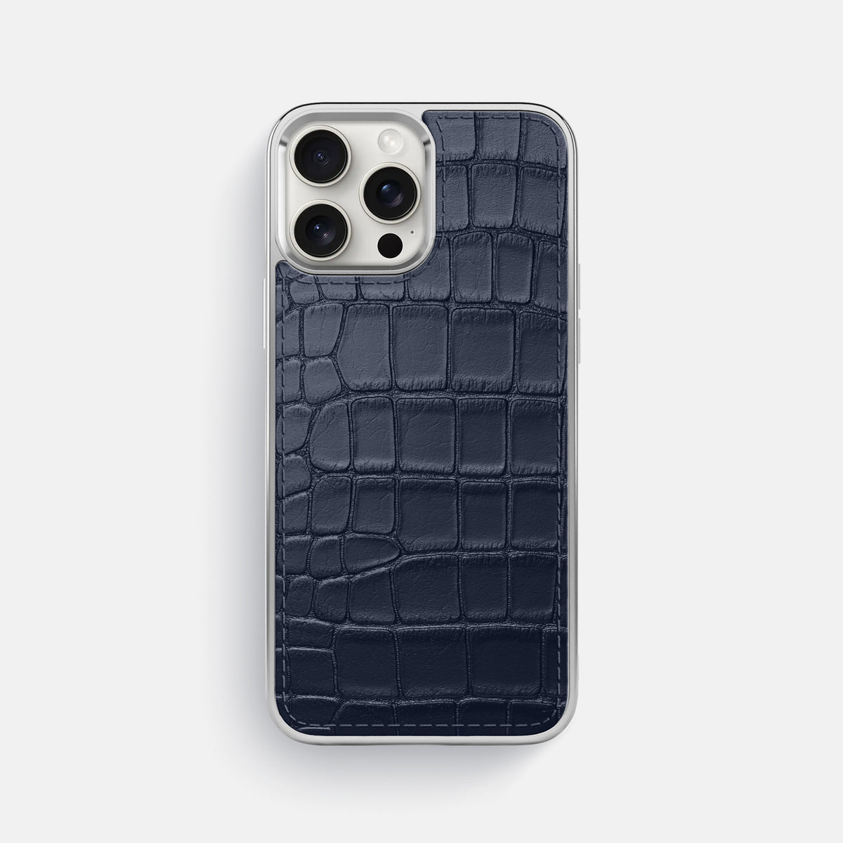 Navy Blue iPhone 16 Pro Max Metallic Sport Case In Alligator with Steel -1 | Navy-Blue-Steel