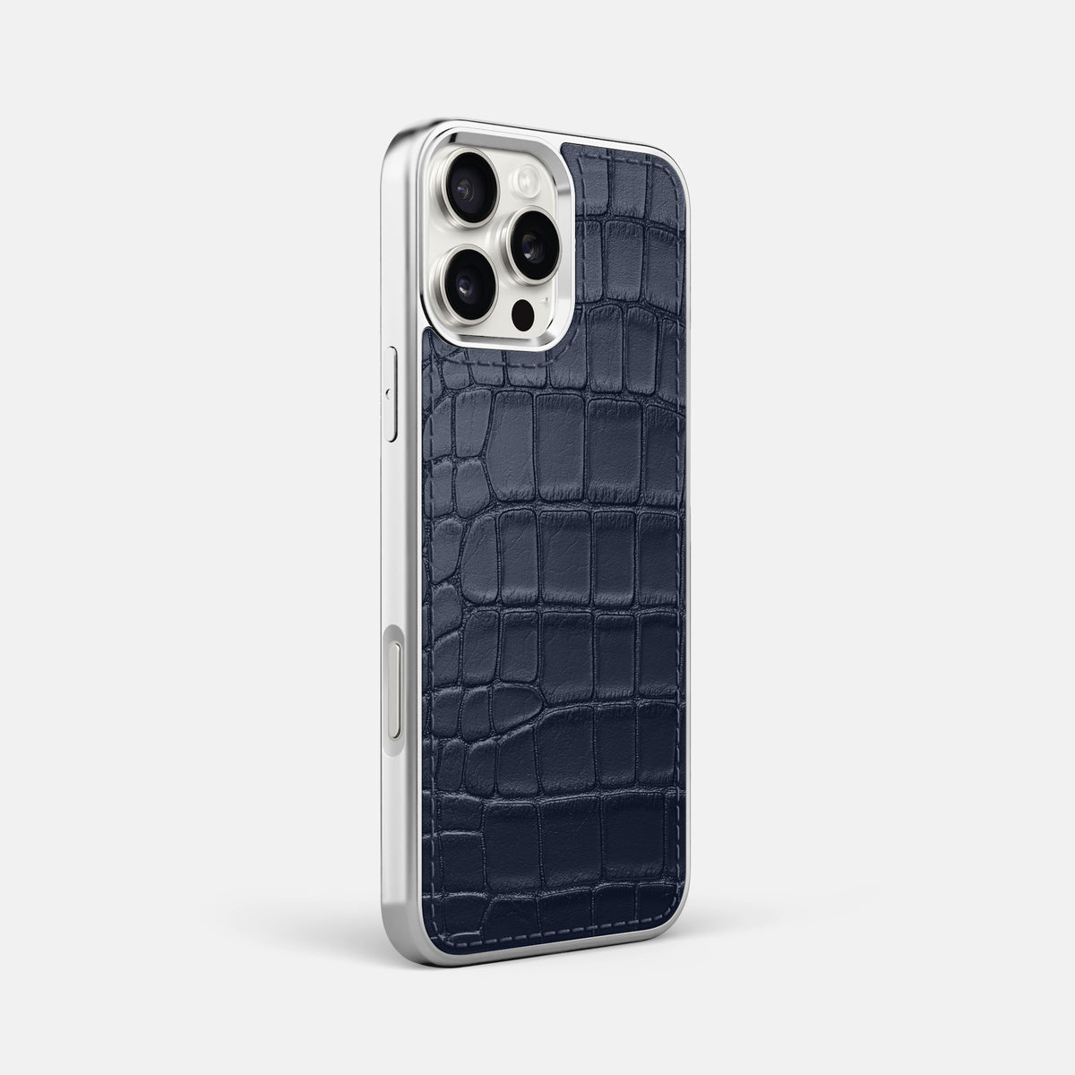 Navy Blue iPhone 16 Pro Max Metallic Sport Case In Alligator with Steel -2 | Navy-Blue-Steel