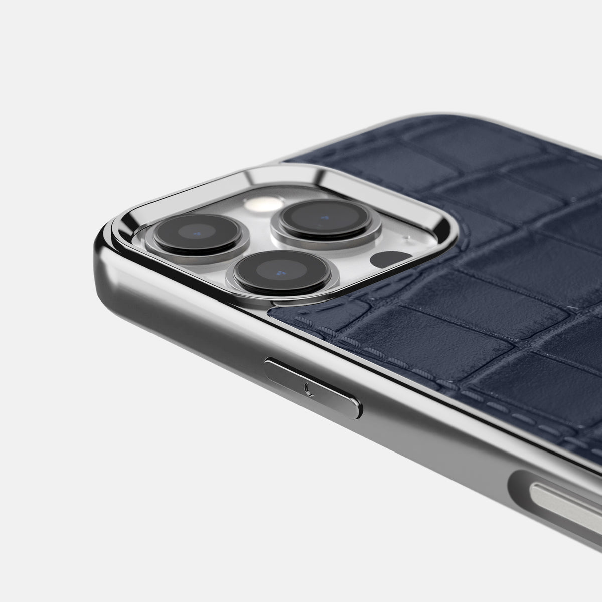 Navy Blue iPhone 16 Pro Max Metallic Sport Case In Alligator with Steel -5 | Navy-Blue-Steel