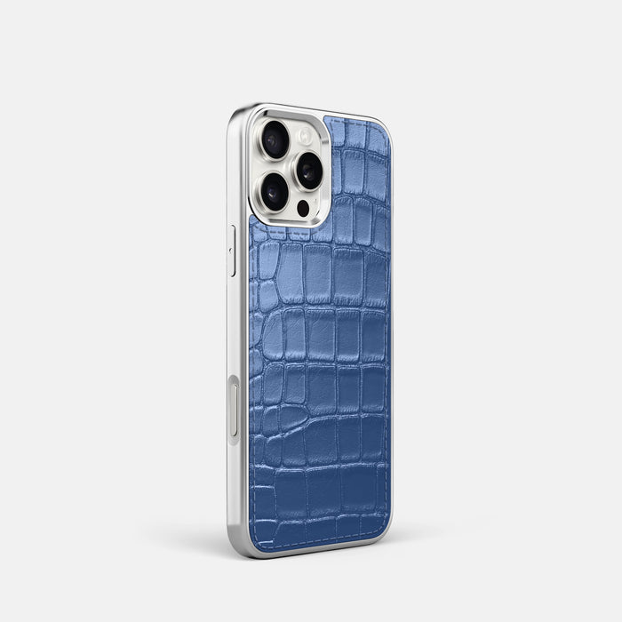 Pearlized-Blue iPhone 16 Pro Metallic Sport Case Alligator with Steel -2 | Pearlized-Blue-Steel