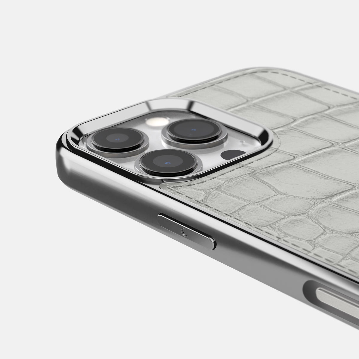 Pearlized-White iPhone 16 Pro Metallic Sport Case Alligator with Steel -5 | Pearlized-White-Steel