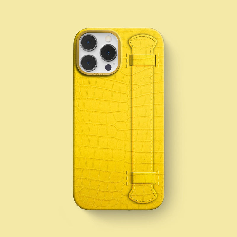 iPhone 15 Pro Max Strap Case 1/1 Carbon Yellow Alligator with Gold Metal -1 | Carbon-Yellow-Gold