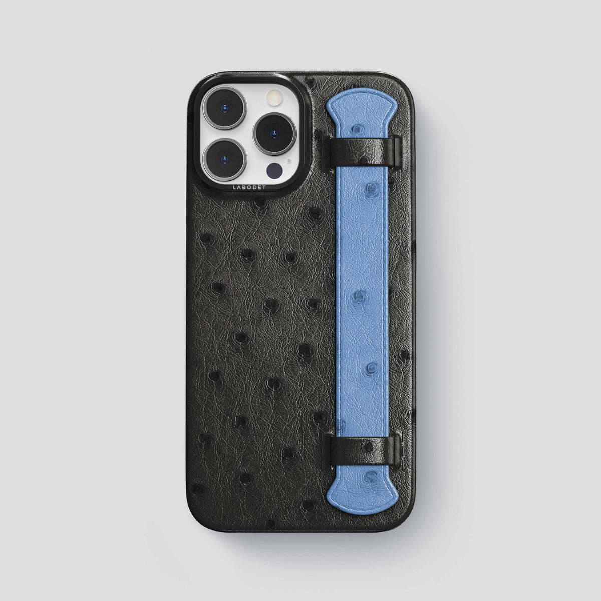 Black-Navy-Blue iPhone 13 Pro Max Handle Case Colore Ostrich with Black Metal -1 | Black-Navy-Blue-Black