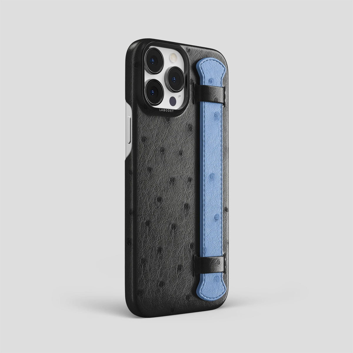 Black-Navy-Blue iPhone 13 Pro Max Handle Case Colore Ostrich with Black Metal -2 | Black-Navy-Blue-Black