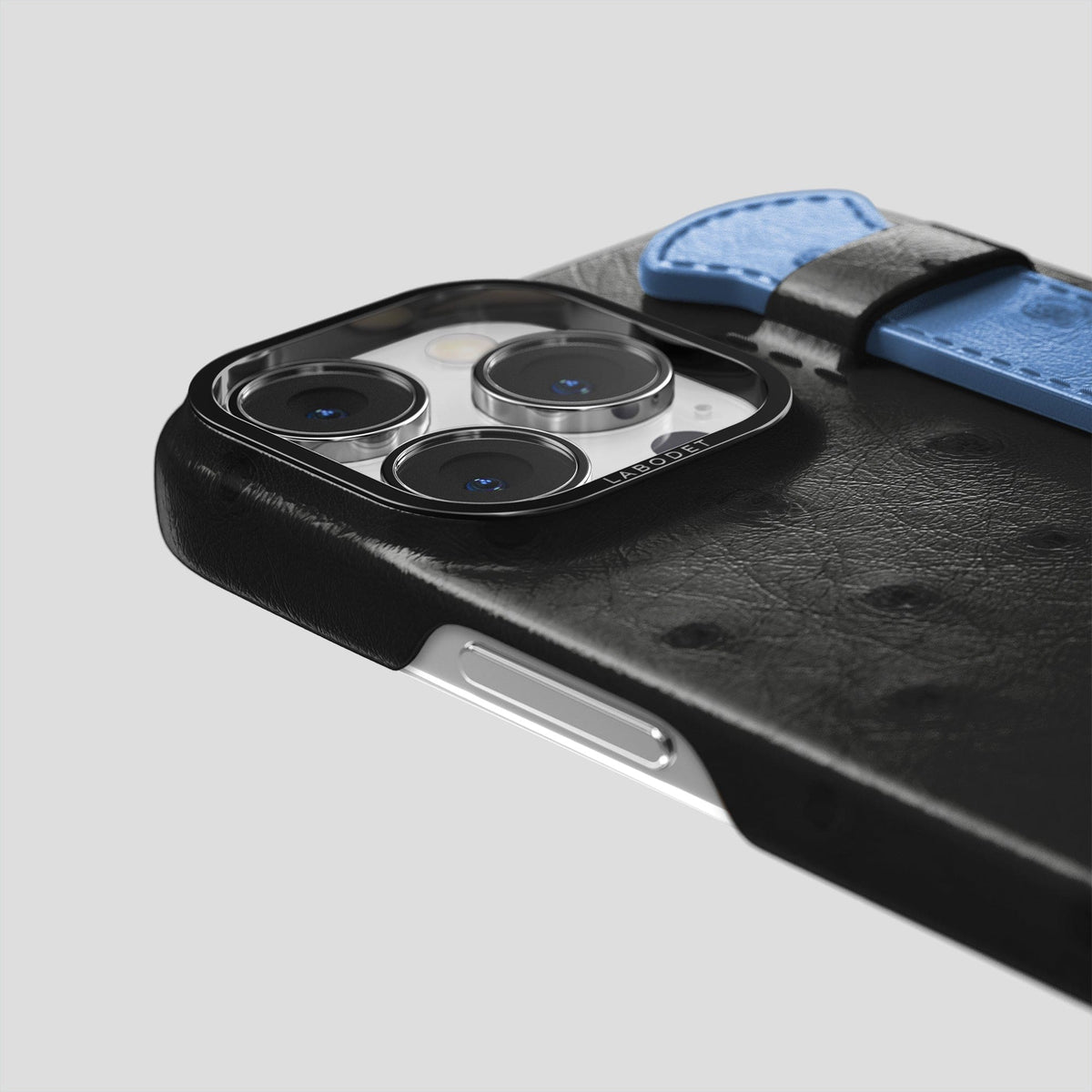 Black-Navy-Blue iPhone 13 Pro Max Handle Case Colore Ostrich with Black Metal -6 | Black-Navy-Blue-Black