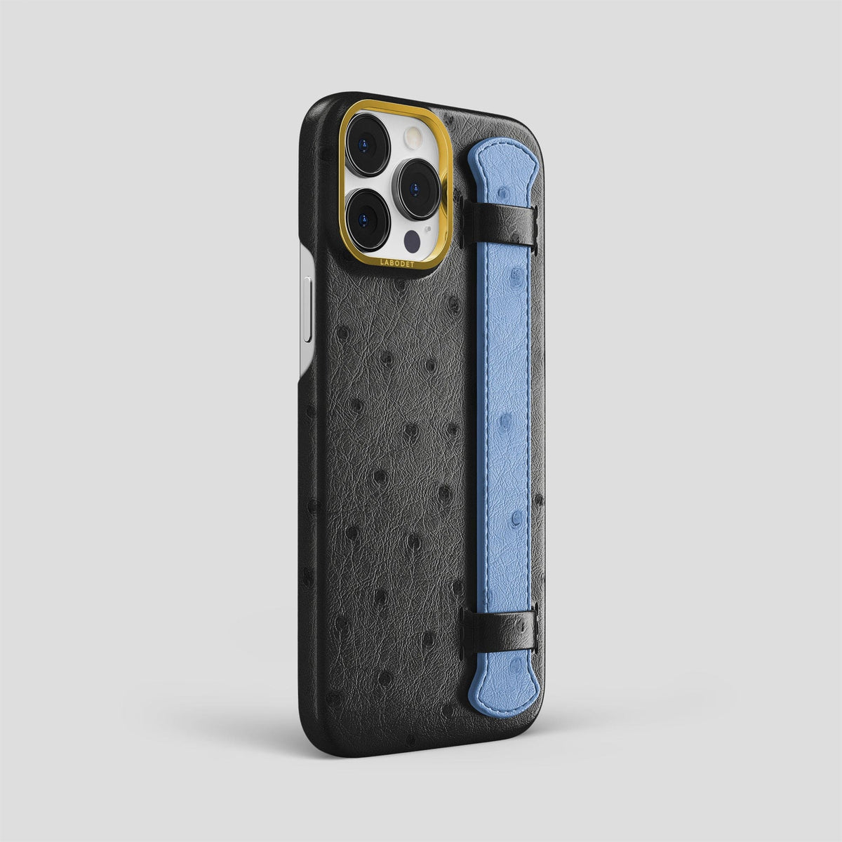 Black-Navy-Blue iPhone 13 Pro Max Handle Case Colore Ostrich with Gold Metal -2 | Black-Navy-Blue-Gold