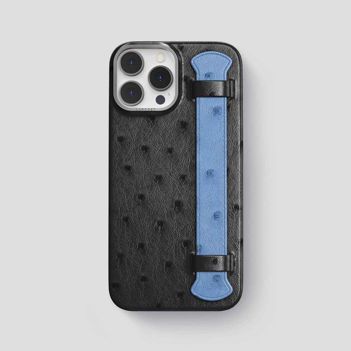 Black-Navy-Blue iPhone 13 Pro Max Handle Case Colore Ostrich with Steel Metal -1 | Black-Navy-Blue-Steel